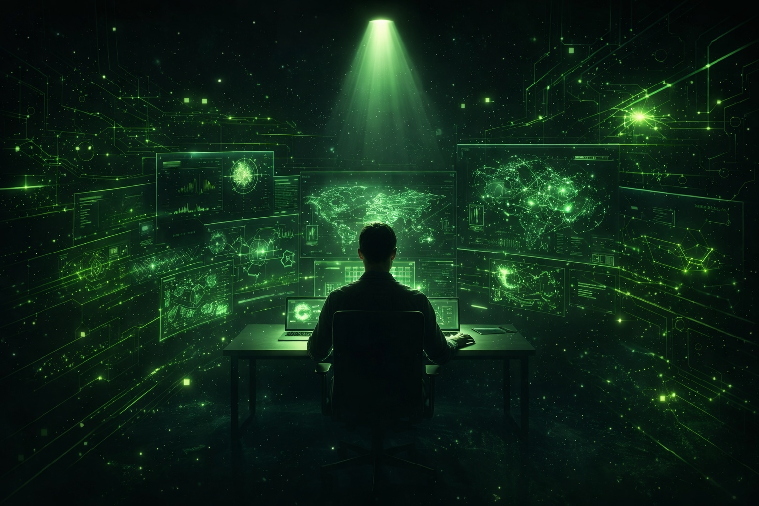 Founder with holographic strategy maps and AI data flows