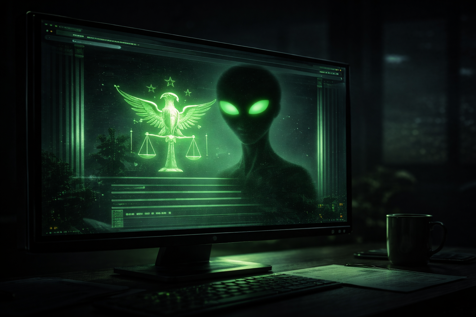 Government aliens.gov website on a monitor with neon alien silhouette