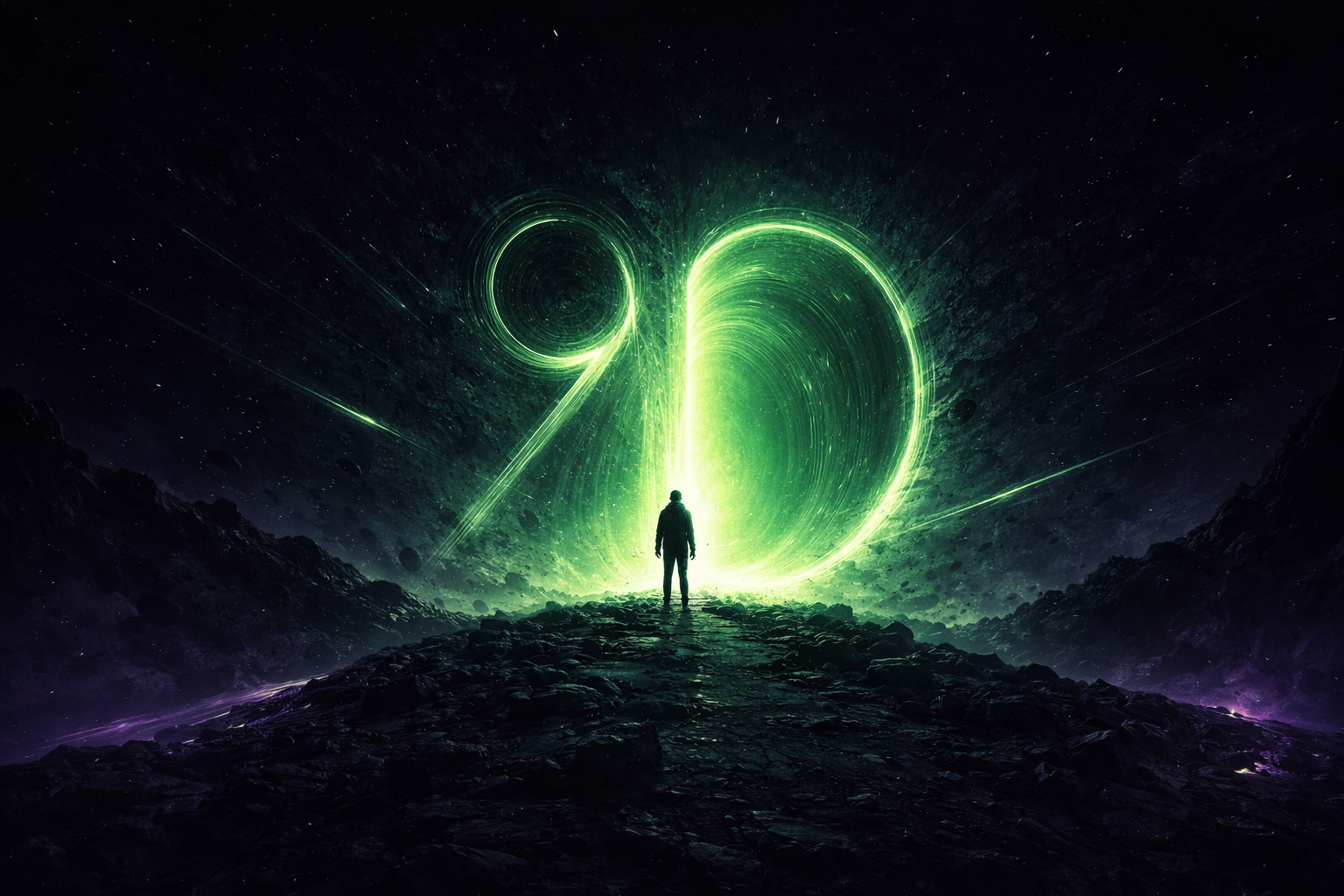 Founder silhouetted against a neon green portal representing the 90-day content turning point