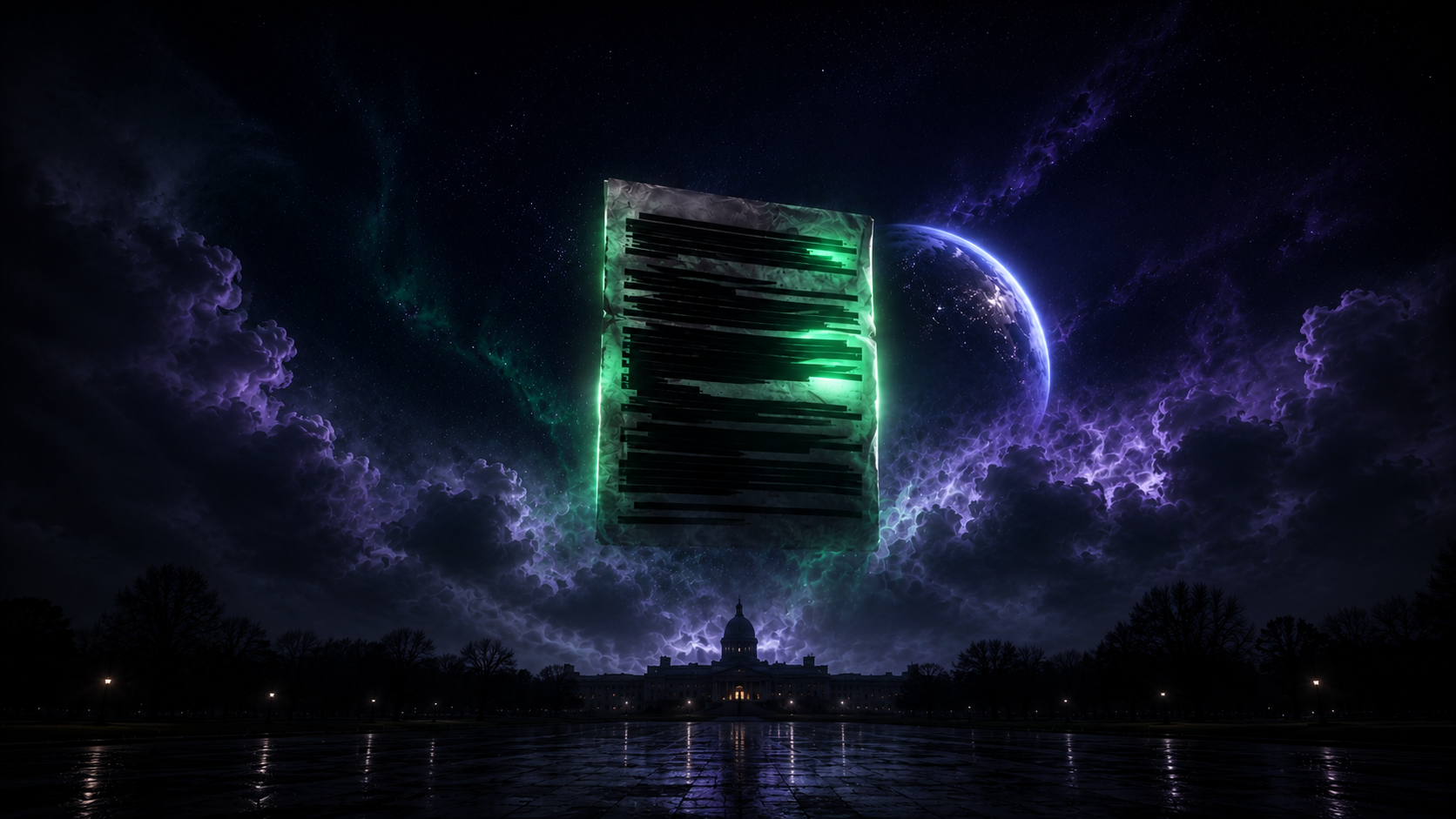 Redacted government document floating in space with green neon light