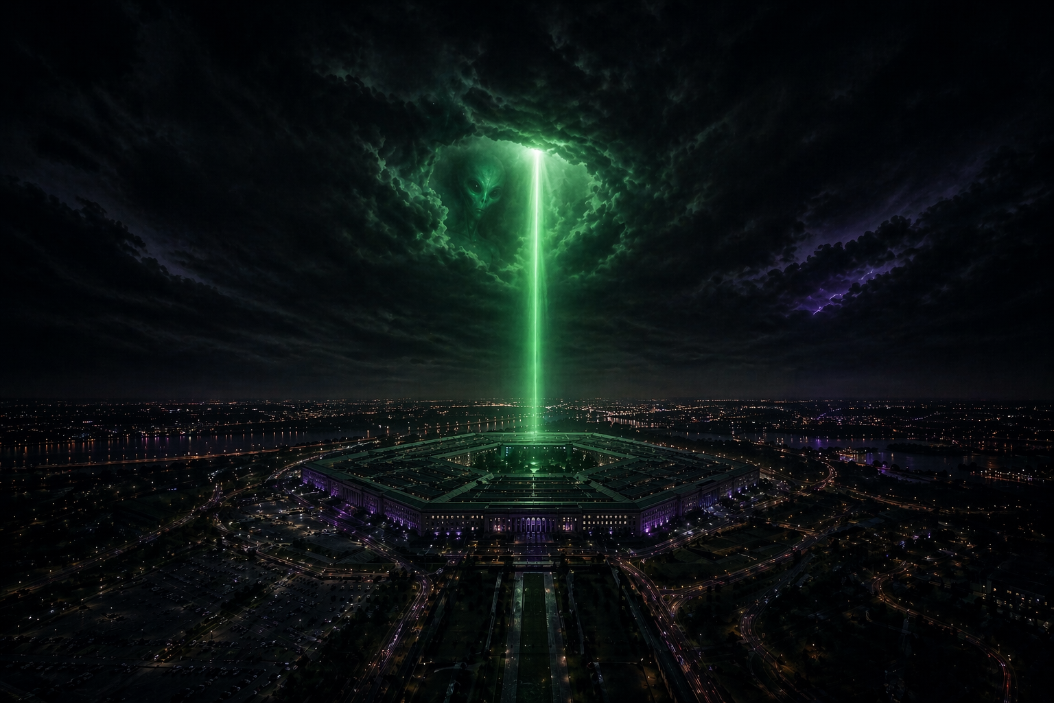 Pentagon at night with neon green light beam and alien silhouette